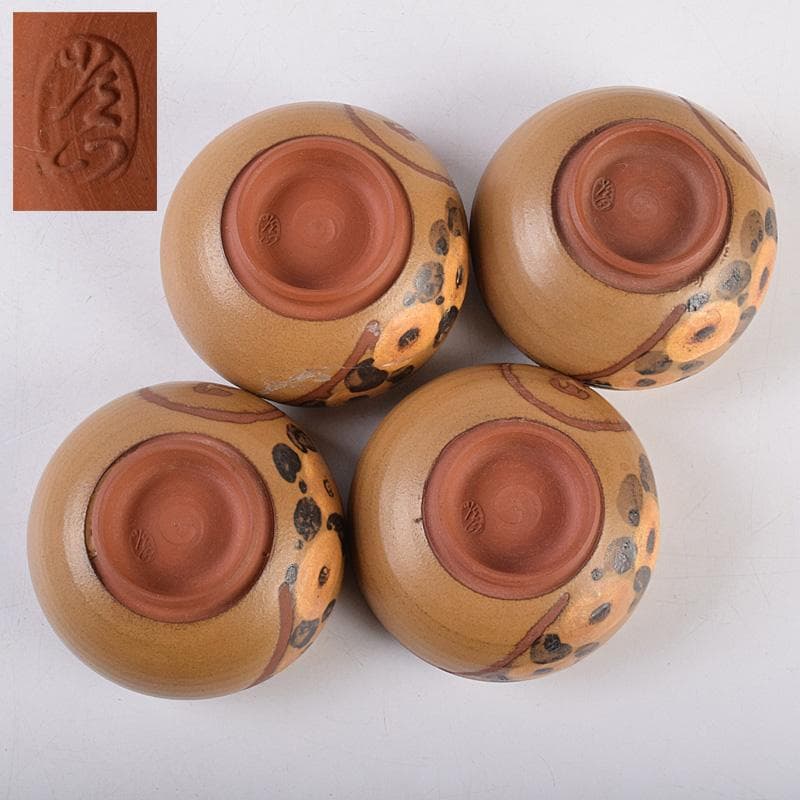 佐渡無名異焼　常山焼　三浦常山造　茶葉釉椿画　茶器揃　共箱　M　R9003