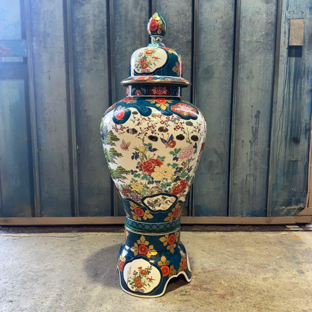 有田焼 金龍窯 博山作 金襴手 染錦 飾り壷 花鳥 高さ115cm 3個口発送