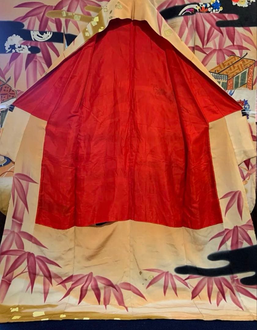 アンティーク振袖 竹に御所車文様振袖ヴィンテージリメイク正絹
