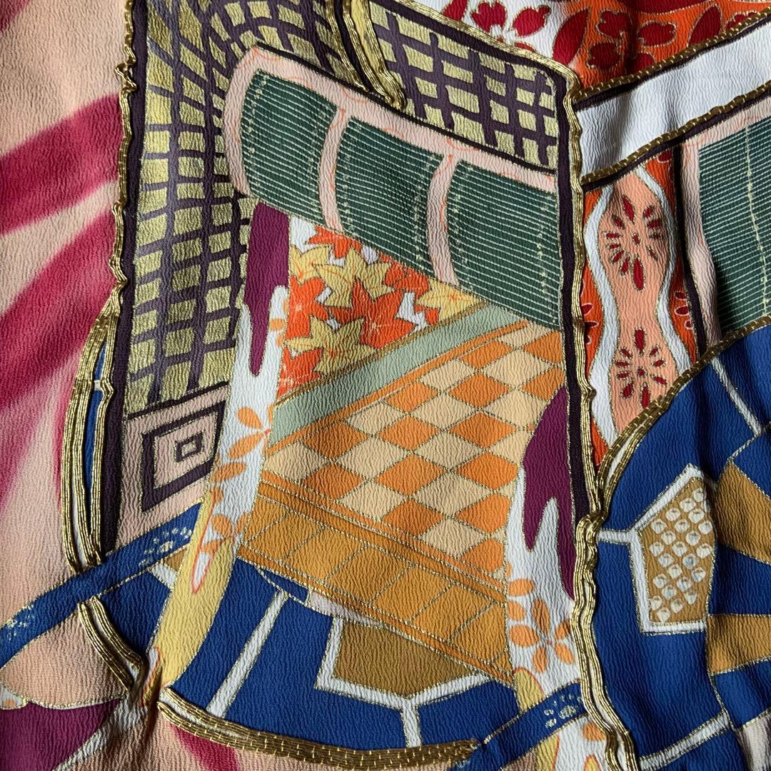 アンティーク振袖 竹に御所車文様振袖ヴィンテージリメイク正絹