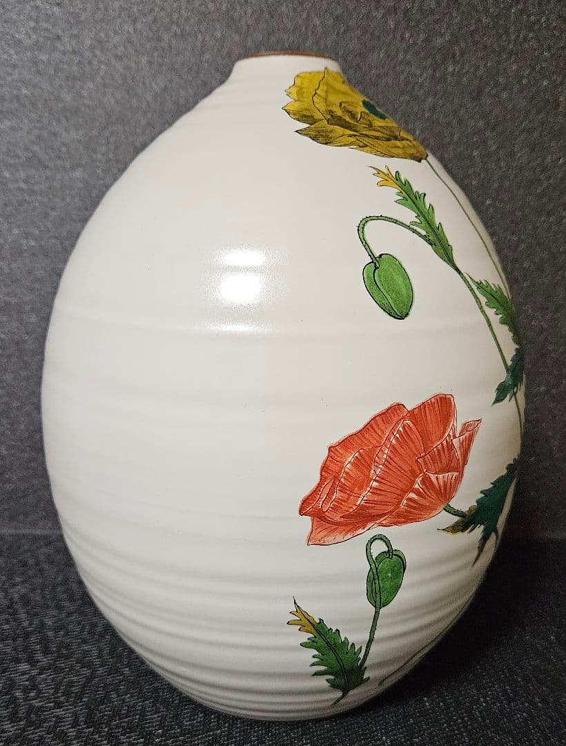 九谷焼　山本孝　雅号　山本長左　作　色絵　芥子の花　花瓶　壺　飾り物　オブジェ