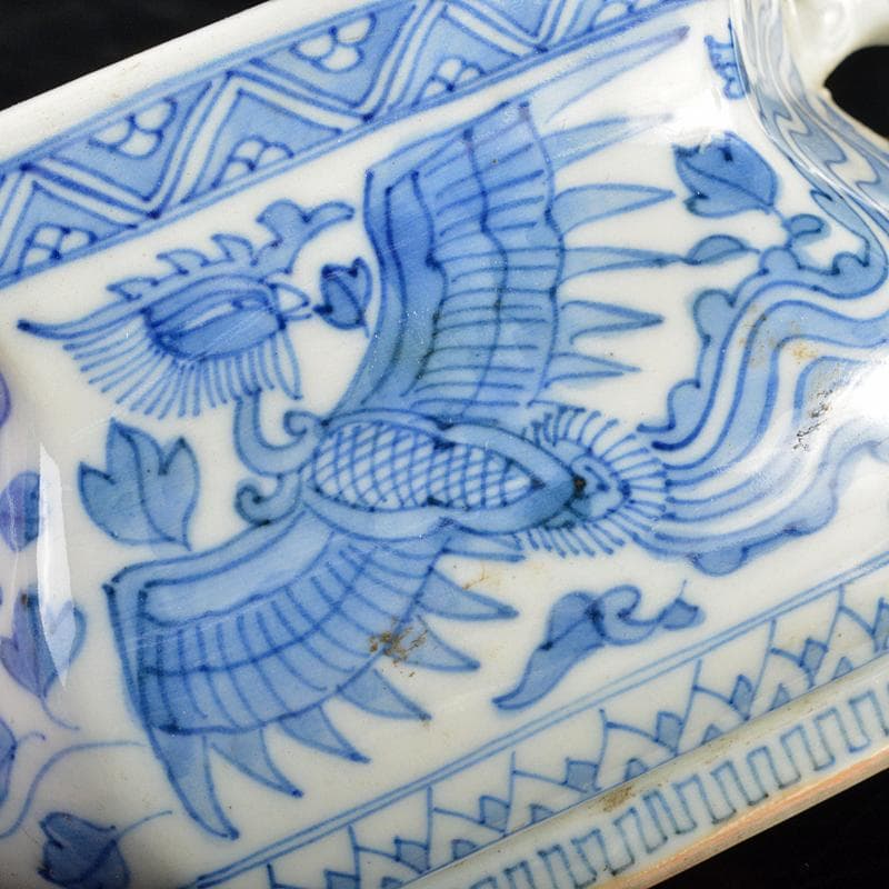 瀬戸焼　古瀬戸　染付　鳳凰花文　双耳六角香炉　M　R7342