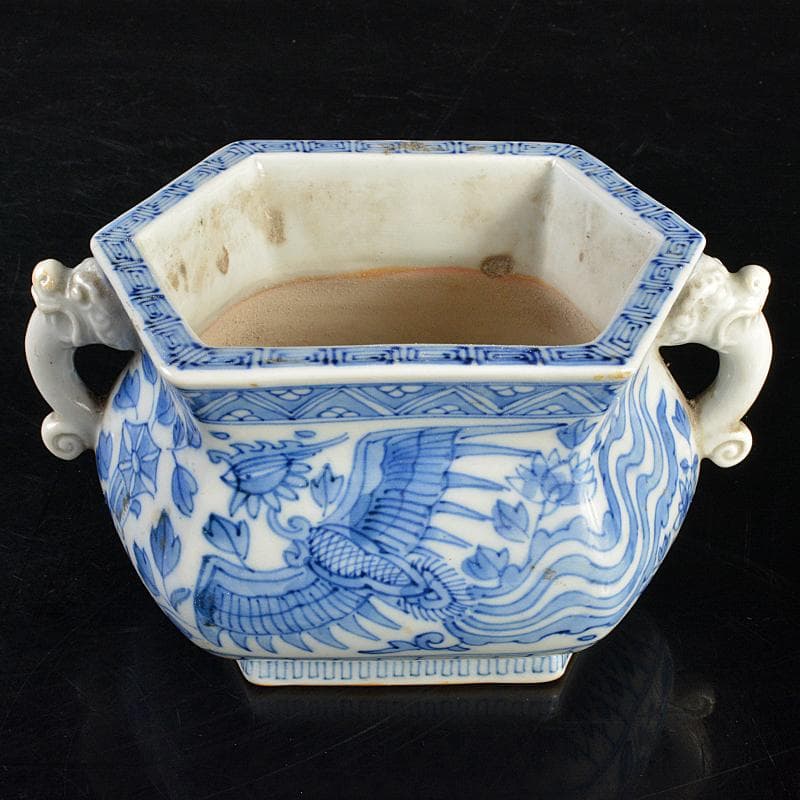 瀬戸焼　古瀬戸　染付　鳳凰花文　双耳六角香炉　M　R7342