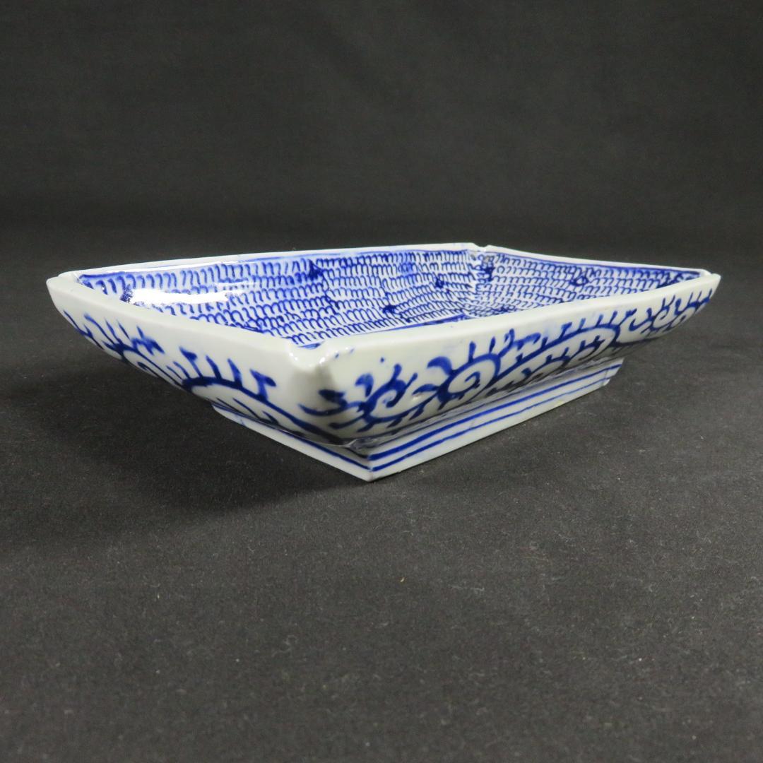 角皿 5枚 染付 古伊万里 明治 江戸 微塵唐草 松竹梅 歪み