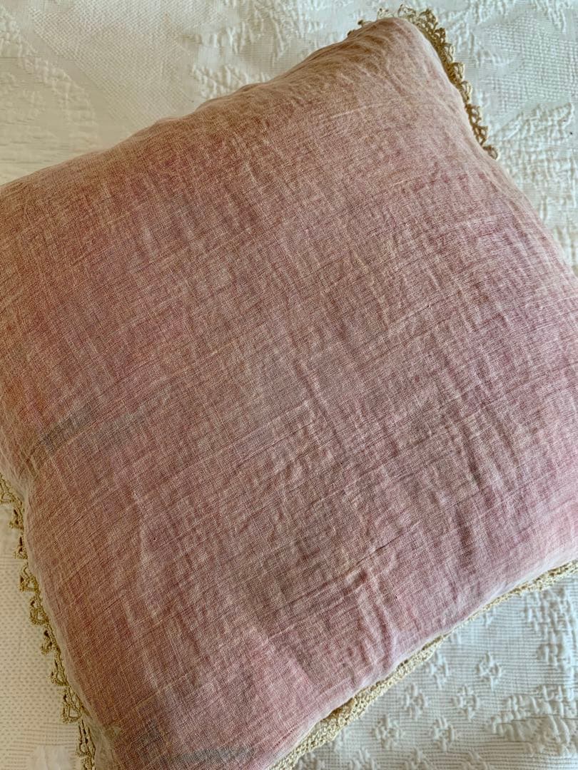 フランスアンティークコットンカバーxシルククッションロココリボン ・モチーフ装飾