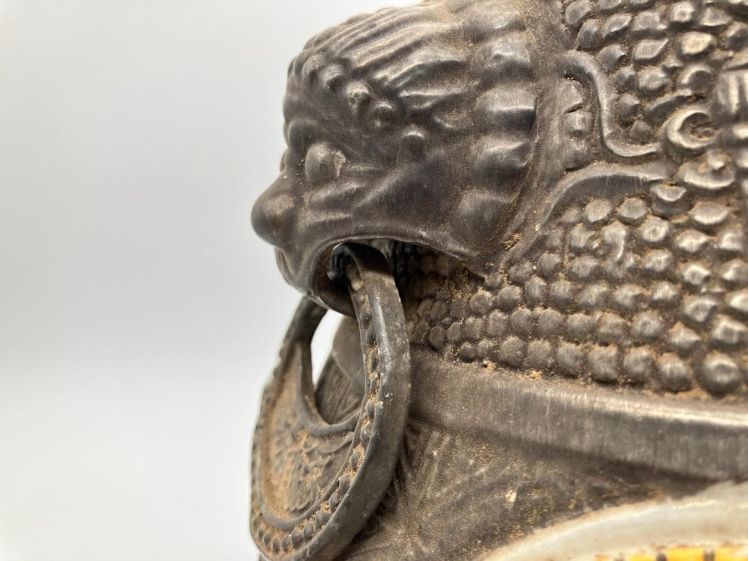 【中国美術】『黒陶四耳唐子図壺』　高さ：２３ｃｍ　花瓶　花生　置物　黒釉