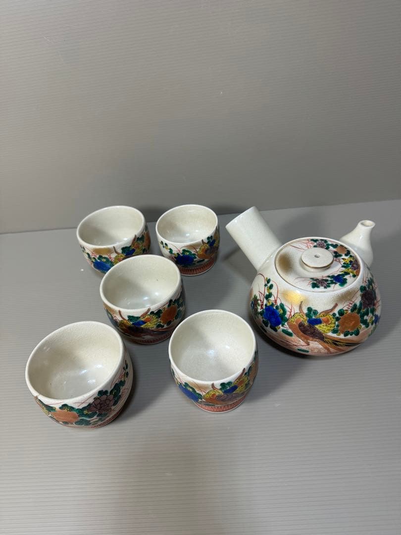 2256 九谷焼　茶器セット　急須1客　湯呑5客　茶櫃付き