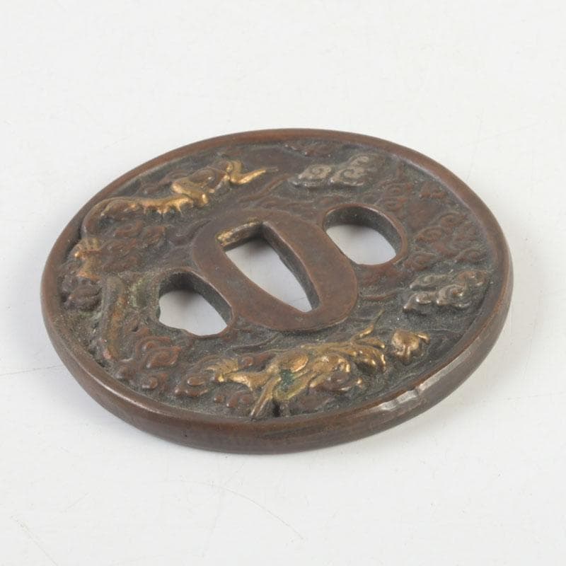 武具　刀装具　古銅　雲龍紋鍔　時代箱　C　9456
