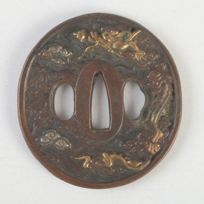 武具　刀装具　古銅　雲龍紋鍔　時代箱　C　9456