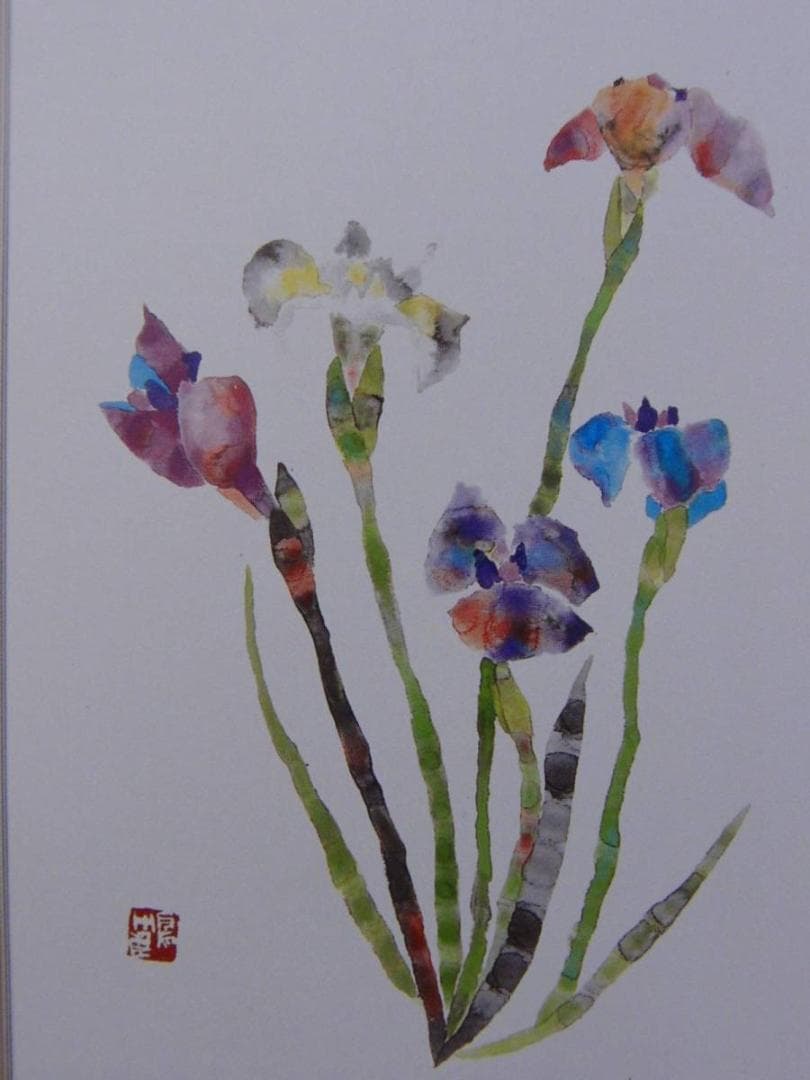 片岡鶴太郎、【菖蒲】、希少画集画、新品高級額・額装付、状態良好