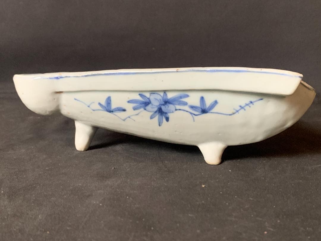 明代 古染付 青花 山水図 半開扇皿 扇鉢 中国古玩 唐物 878