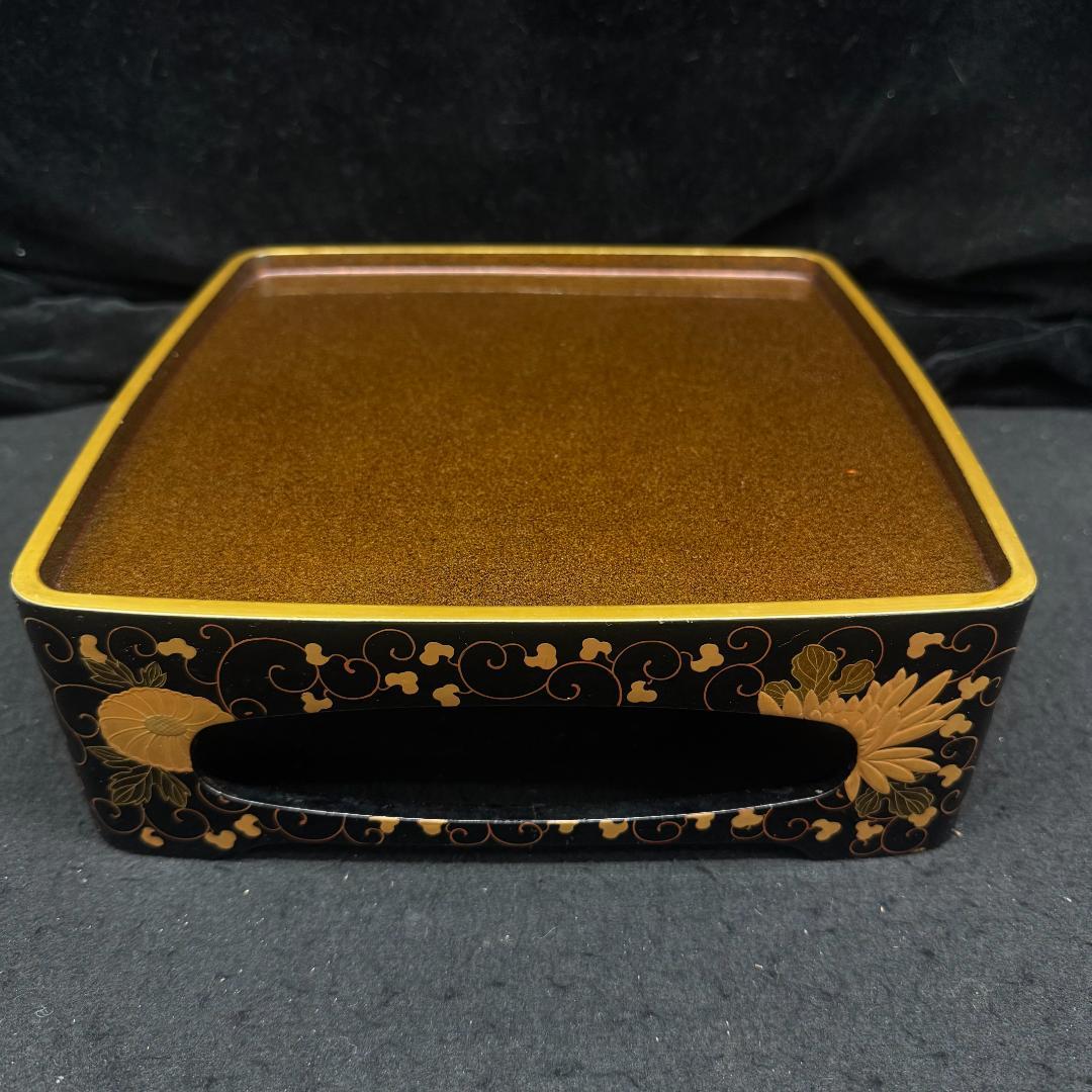 茶道具 金彩菊花蒔絵 重台 四方盆　共箱