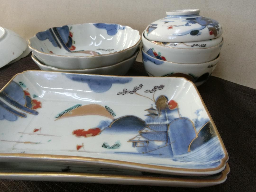 処分価15（木）22時まで【伊万里色絵4種類　角皿　なます皿　丸皿　茶碗　骨董】