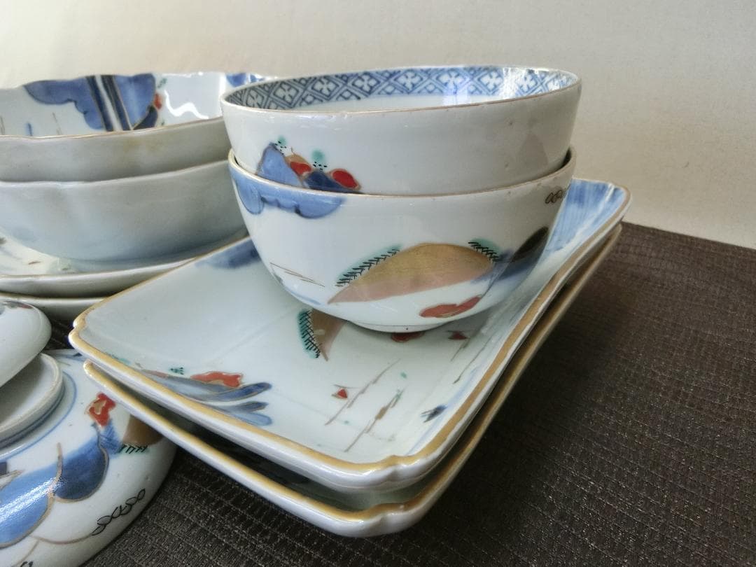 処分価15（木）22時まで【伊万里色絵4種類　角皿　なます皿　丸皿　茶碗　骨董】