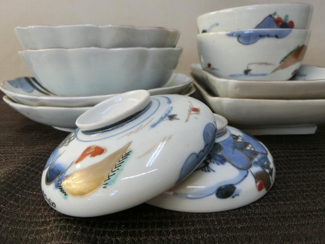 処分価15（木）22時まで【伊万里色絵4種類　角皿　なます皿　丸皿　茶碗　骨董】