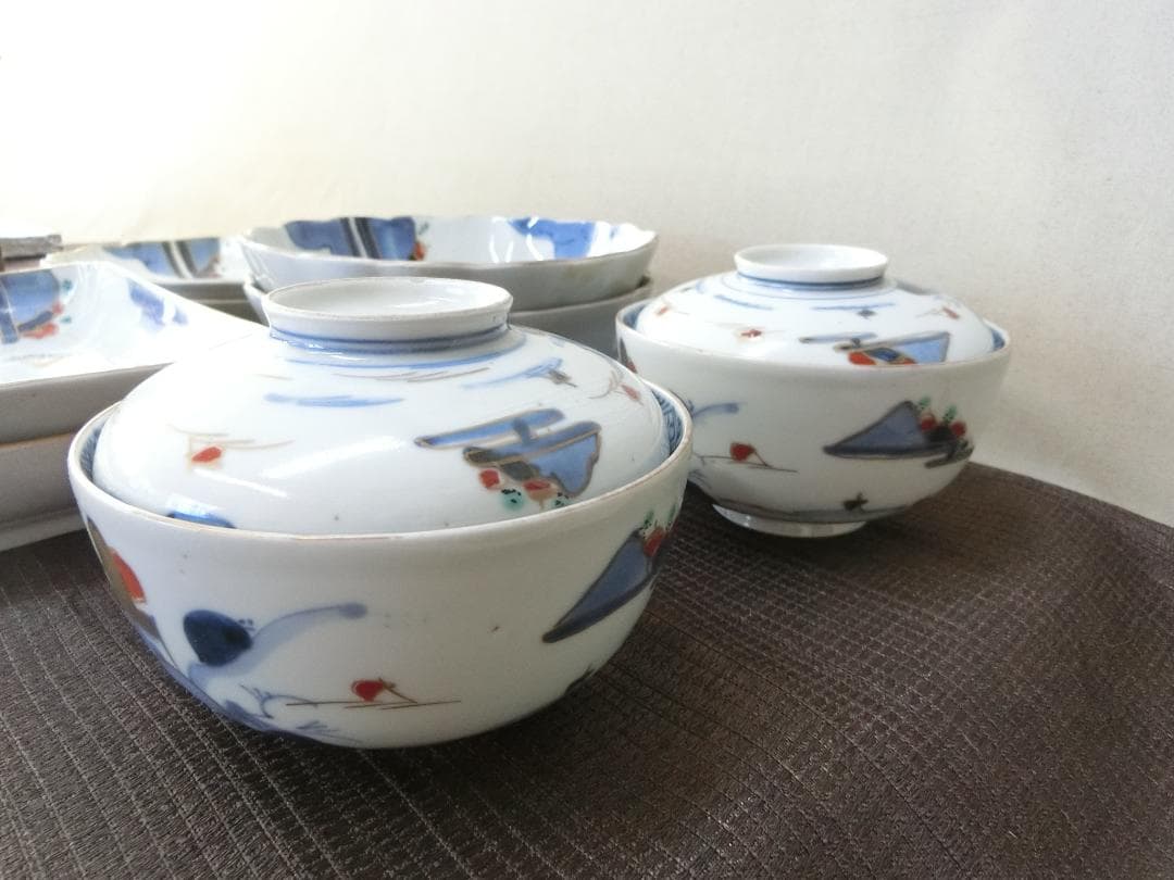 処分価15（木）22時まで【伊万里色絵4種類　角皿　なます皿　丸皿　茶碗　骨董】