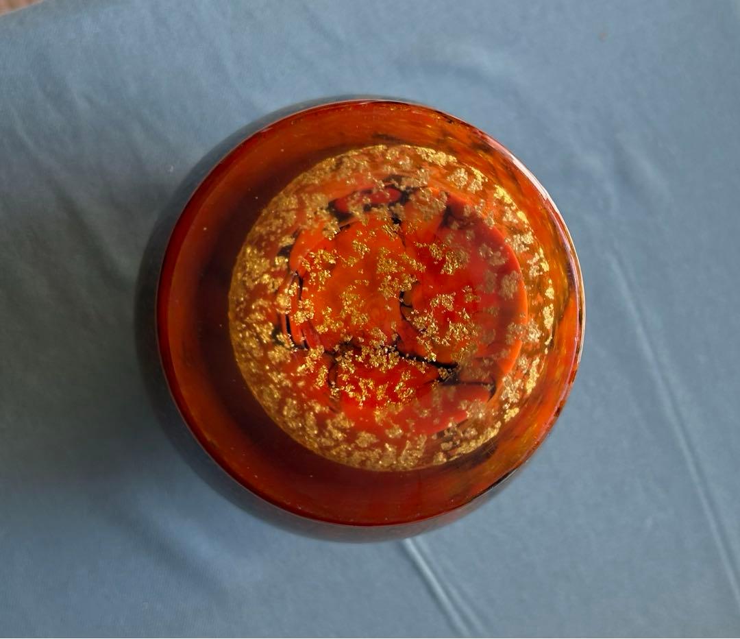 昭和レトロ オレンジ色と黒のガラス花瓶と小物入れセット