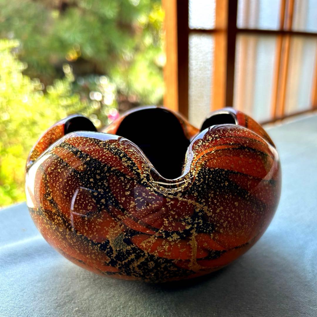 昭和レトロ オレンジ色と黒のガラス花瓶と小物入れセット