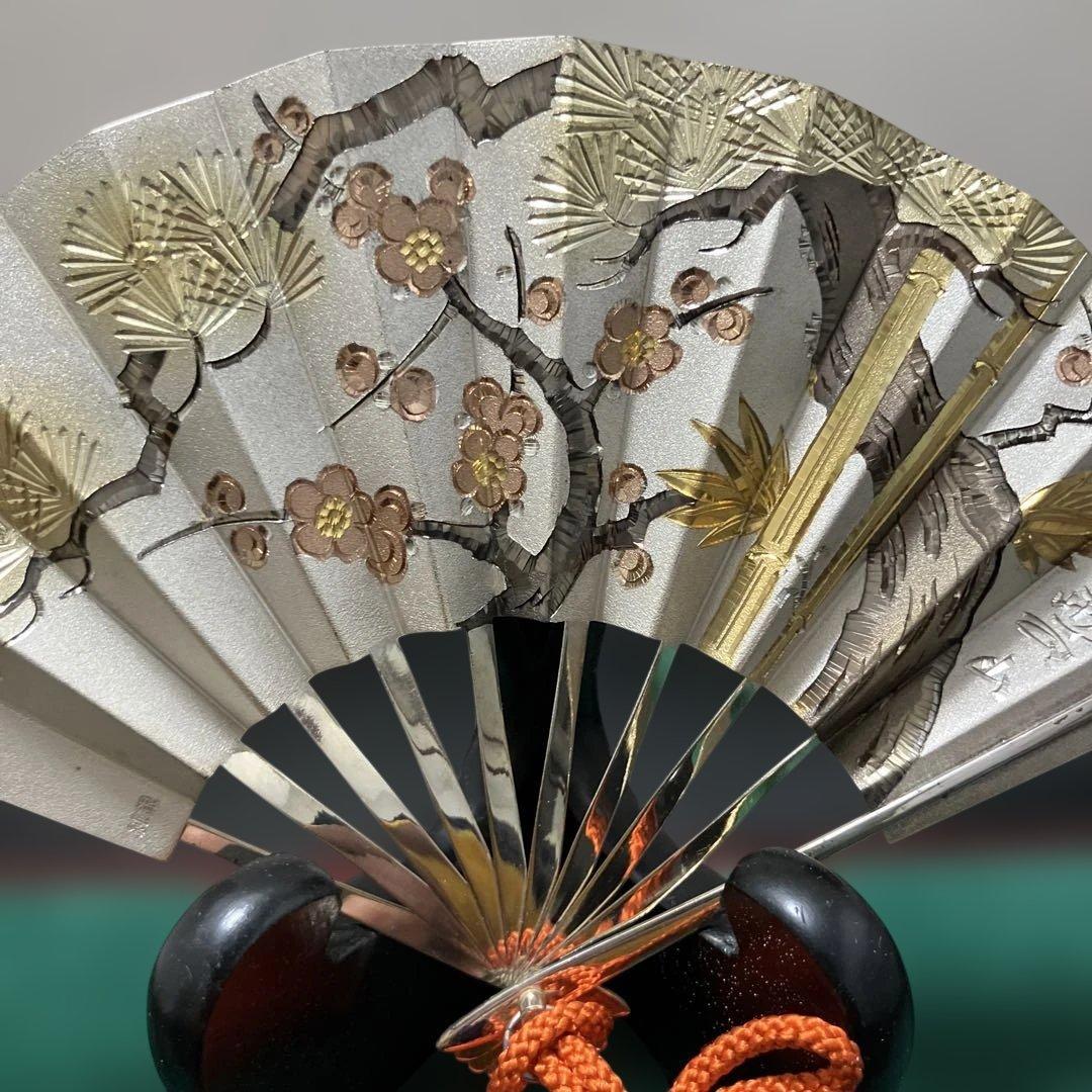 (12-216)純銀製扇子 雲山作木製台座ケース付き