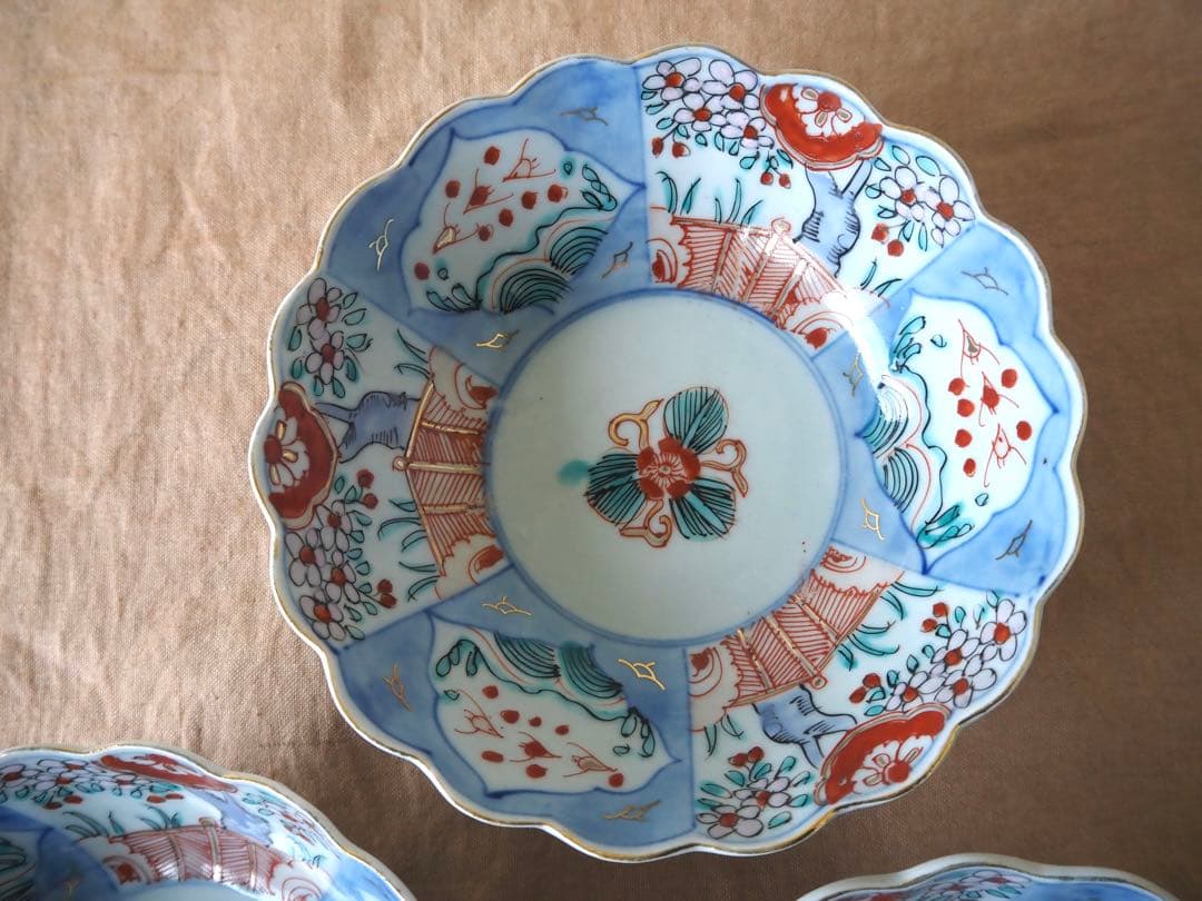 ぴんちゃん 時代伊万里 色絵印判金彩 3羽の鳥 花生垣文 大なます皿 3客