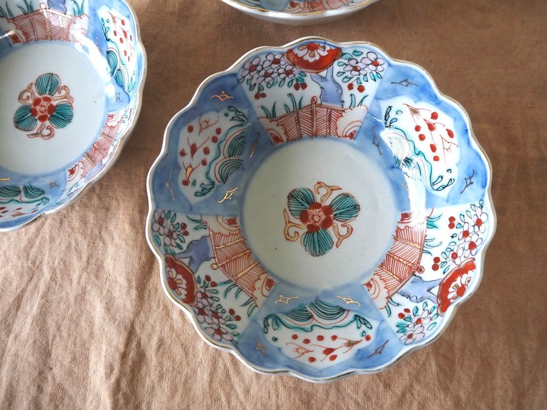 ぴんちゃん 時代伊万里 色絵印判金彩 3羽の鳥 花生垣文 大なます皿 3客