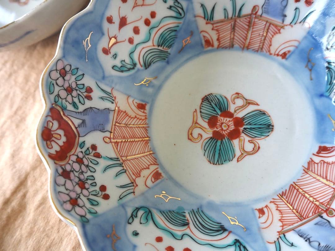 ぴんちゃん 時代伊万里 色絵印判金彩 3羽の鳥 花生垣文 大なます皿 3客