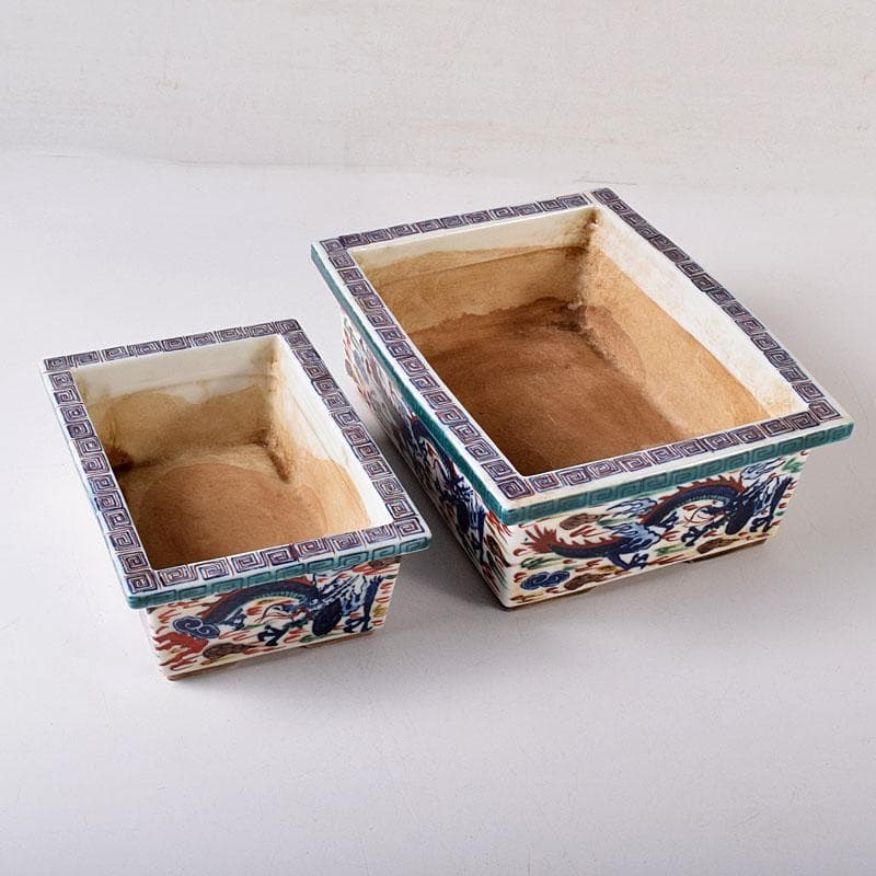 中国　大明萬歴年製　五彩　雲龍文 植木鉢　盆栽鉢　大小2点　M　7642