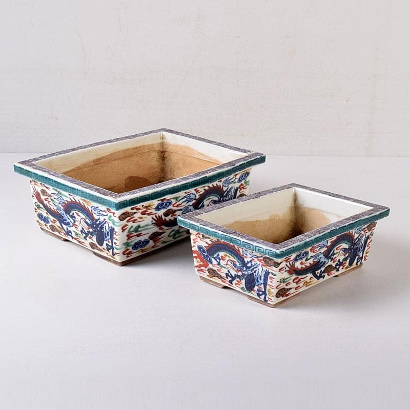 中国　大明萬歴年製　五彩　雲龍文 植木鉢　盆栽鉢　大小2点　M　7642