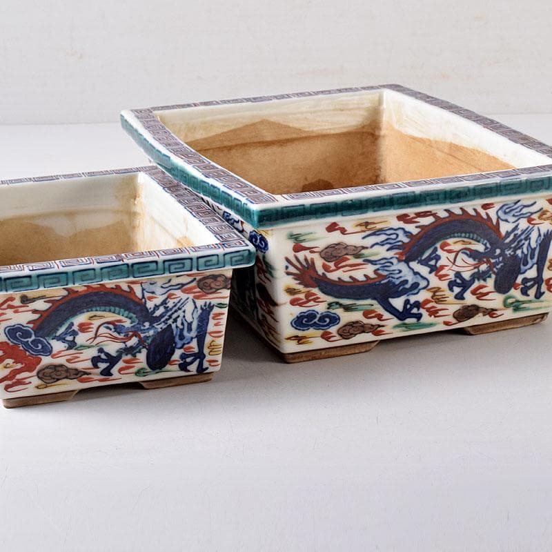 中国　大明萬歴年製　五彩　雲龍文 植木鉢　盆栽鉢　大小2点　M　7642