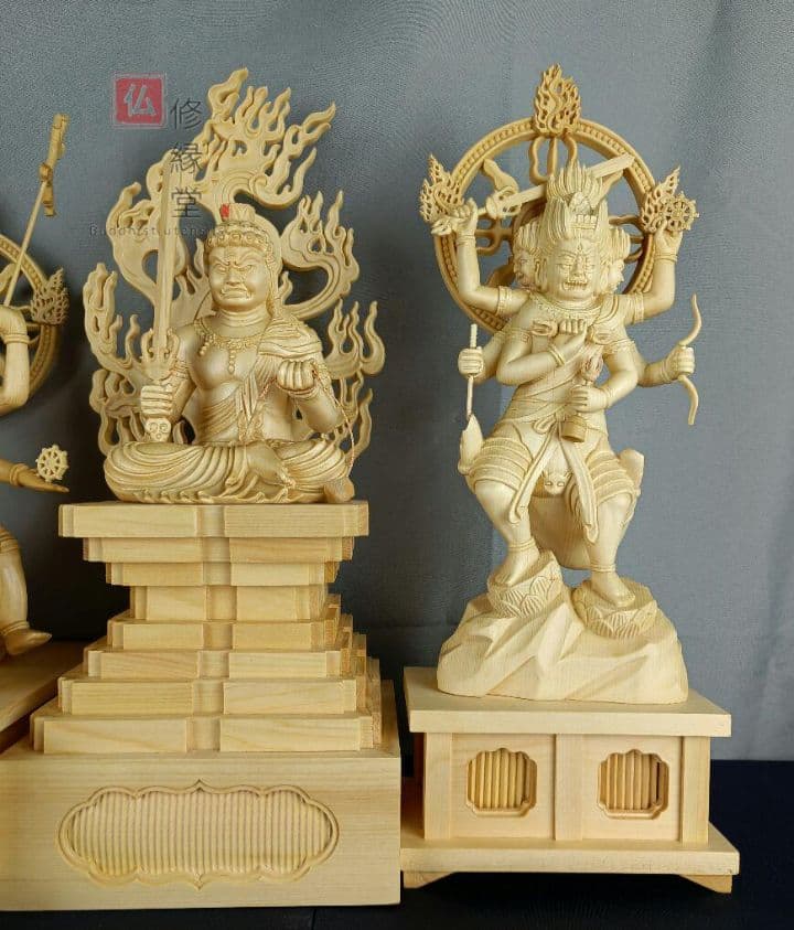 【修縁堂】最高級 木彫仏像 五大明王像一式 彫刻 一刀彫 天然木檜材 仏教工芸