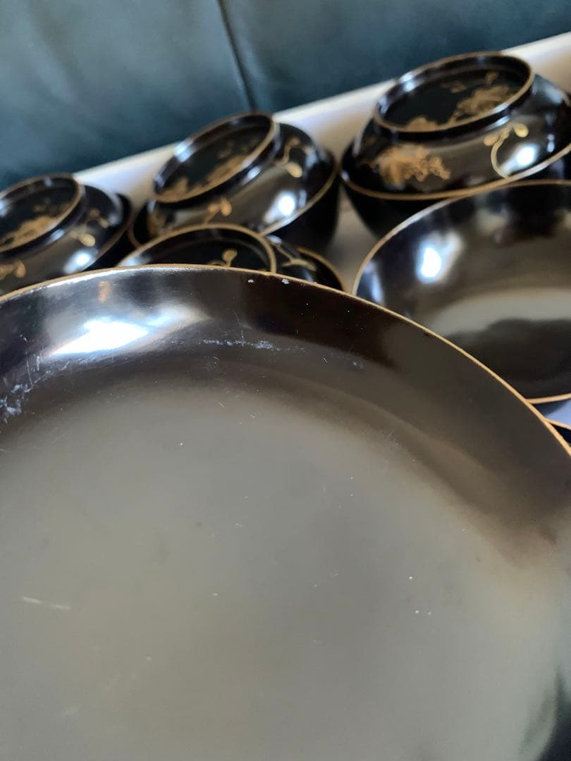 輪島塗　沈金　華の絵　天然木　お碗　蓋付　10客セット　漆器