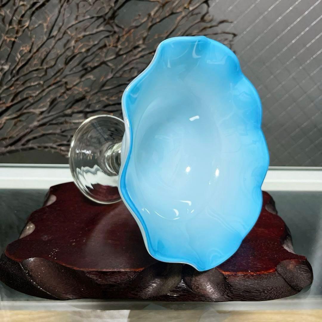 骨董　時代　２色バイカラーフリル 乳白色ガラス　水色　脚付コンポート　菓子器