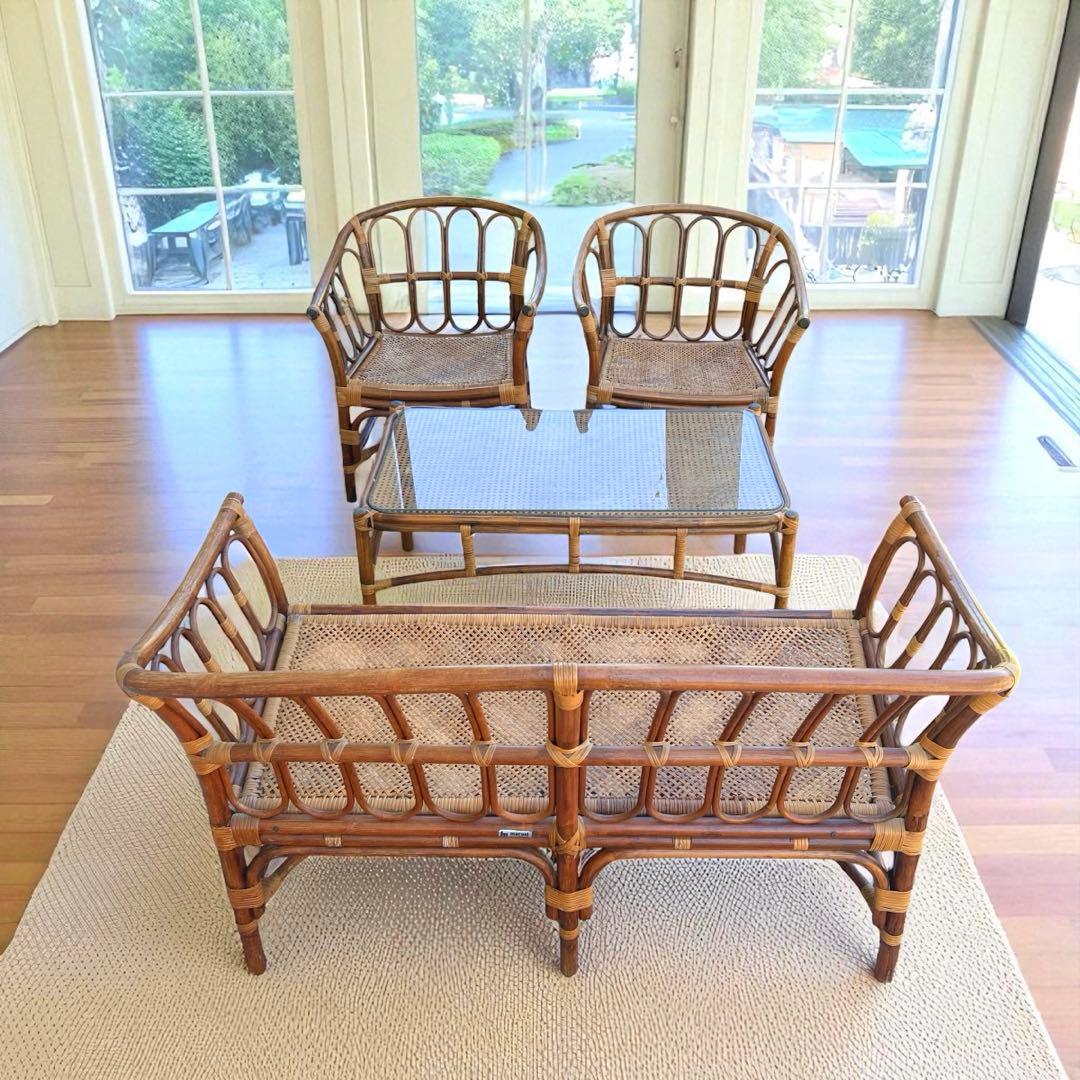 【引取限定】 マルニ ラタン 4点セット ガラステーブル 椅子 ２人掛けソファ