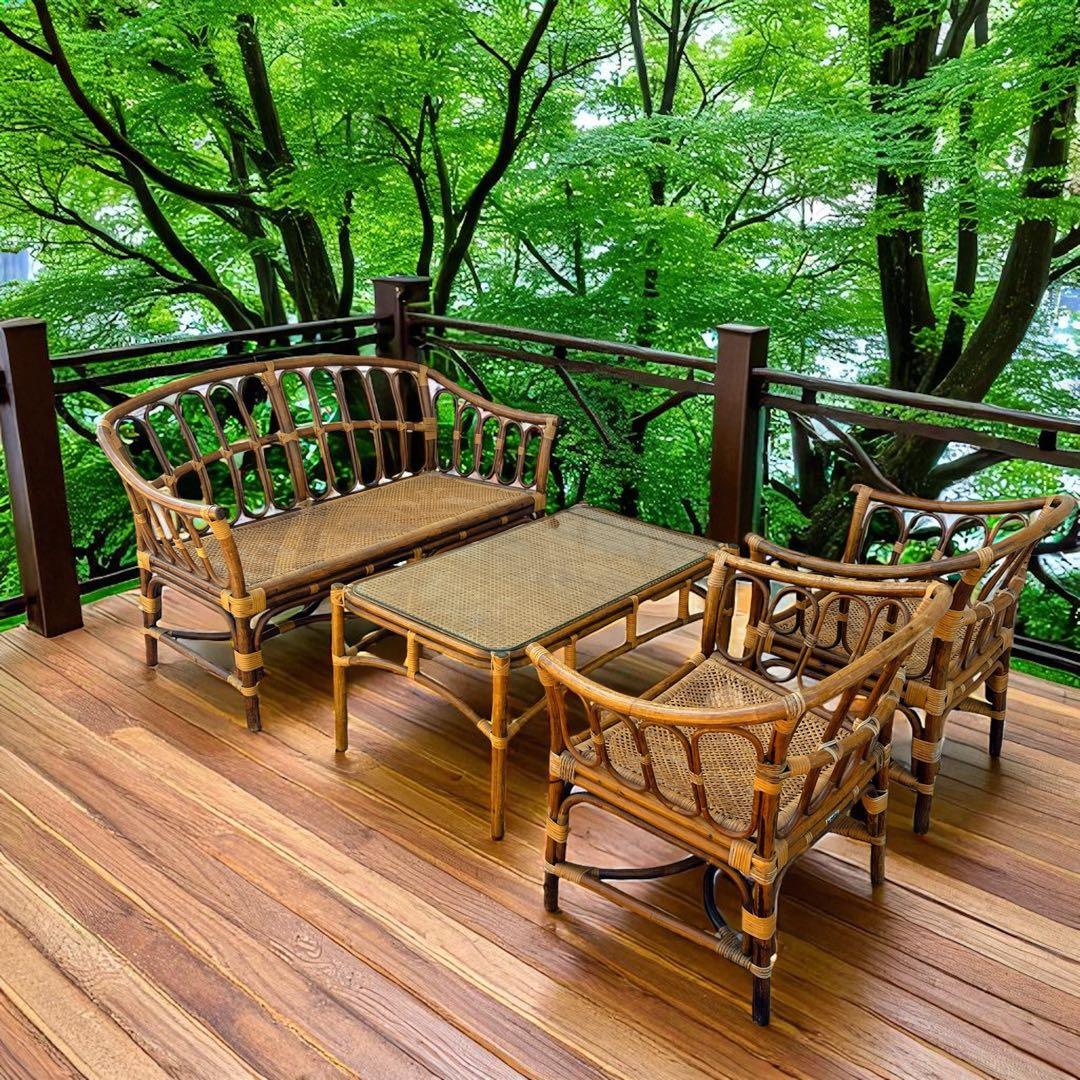 【引取限定】 マルニ ラタン 4点セット ガラステーブル 椅子 ２人掛けソファ