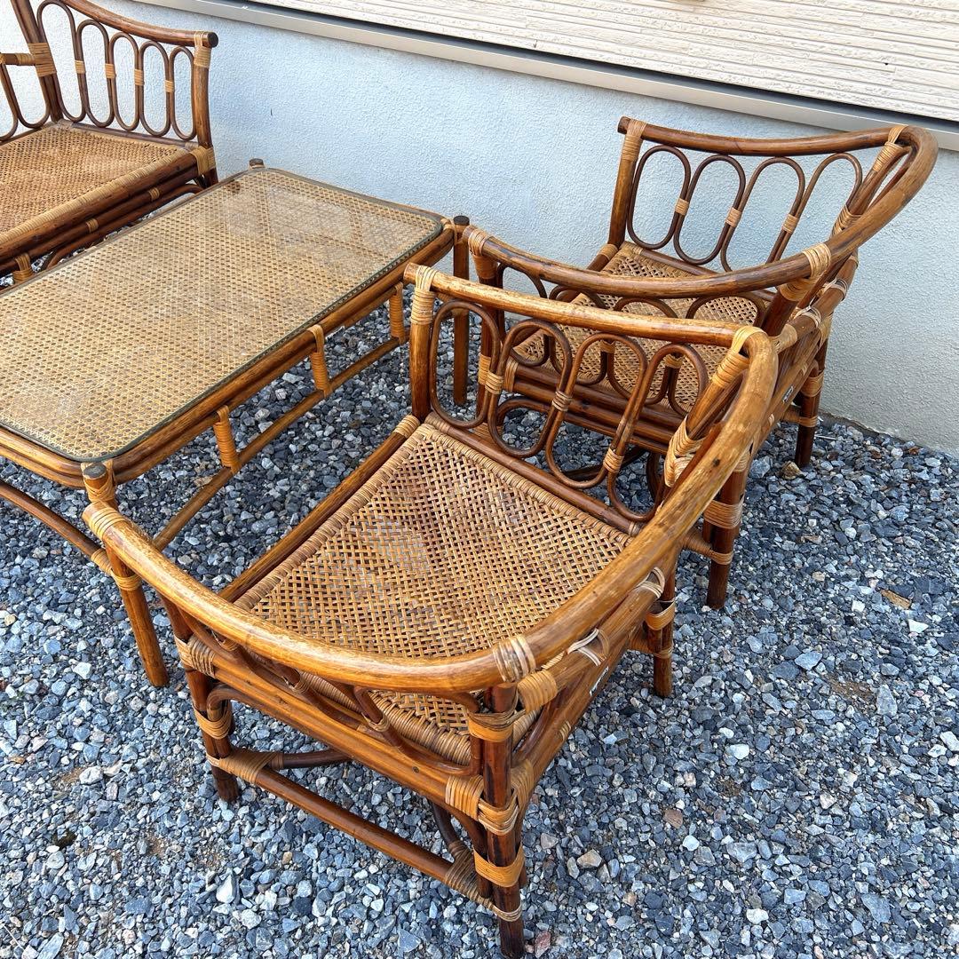 【引取限定】 マルニ ラタン 4点セット ガラステーブル 椅子 ２人掛けソファ