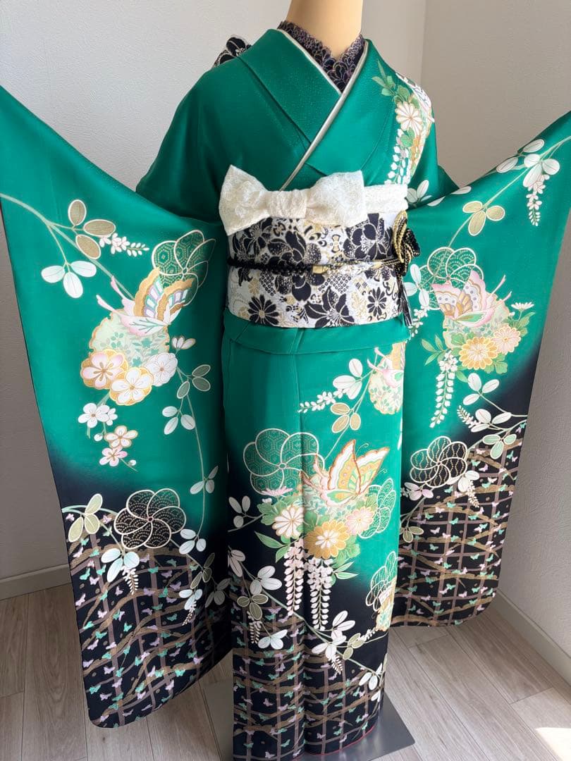 まいめろ　振袖フルセット（６点）＋草履バッグセット正絹　☆クリーニング済み