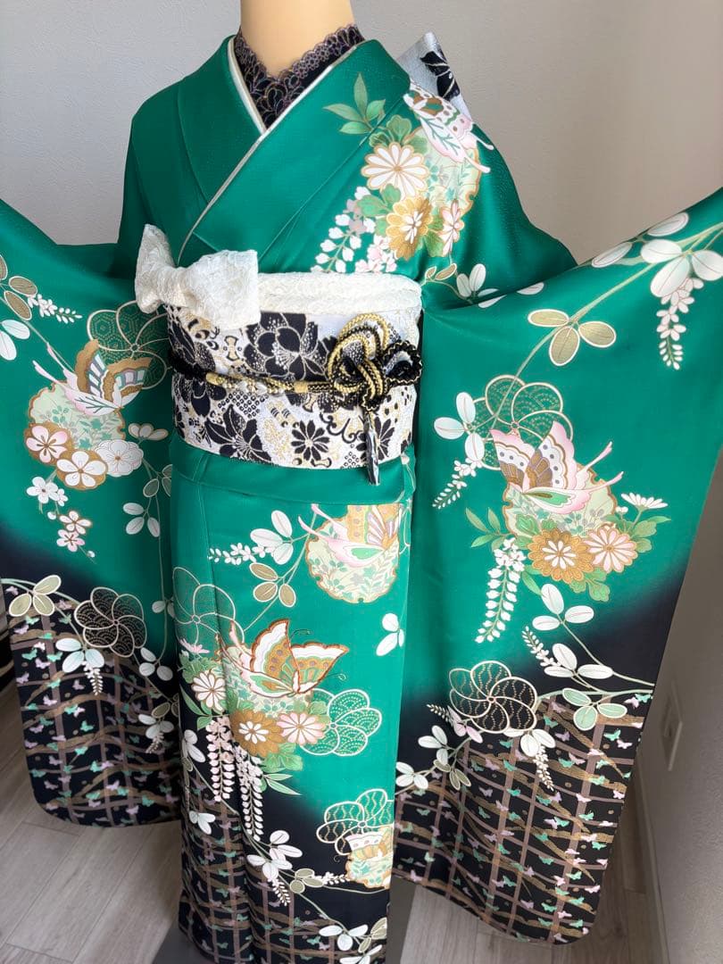 まいめろ　振袖フルセット（６点）＋草履バッグセット正絹　☆クリーニング済み