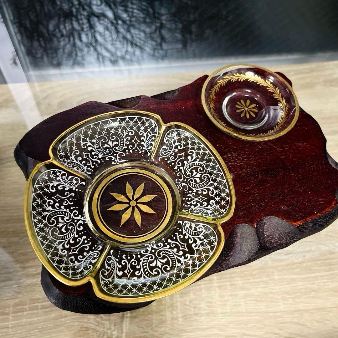 骨董　時代ガラス　精密エナメル絵付け　金彩　四葉型　ウランガラス　プレート１客