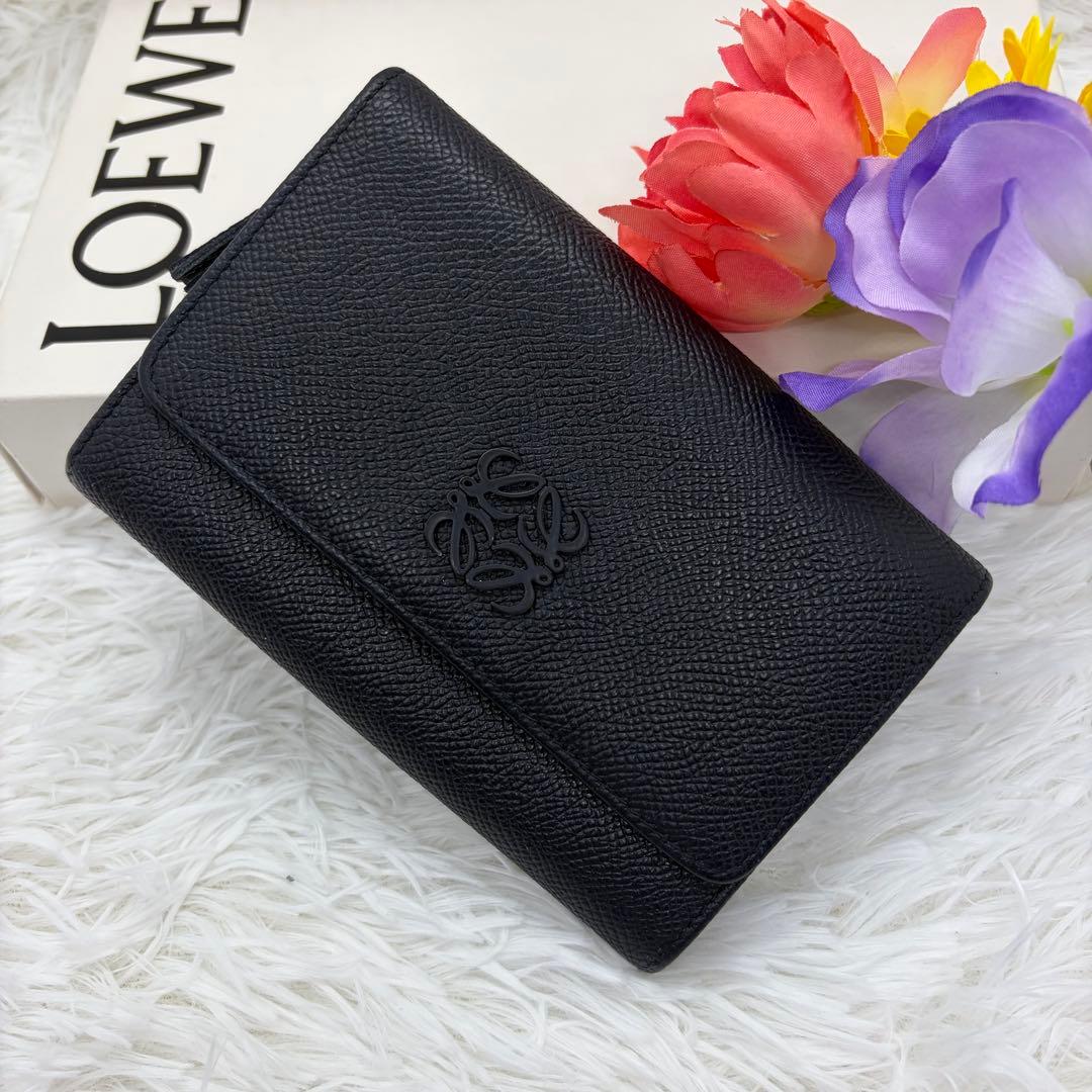 美品✨️ロエベ 二つ折り財布 アナグラム レザー ネイビー　バイカラー