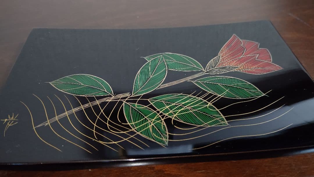 象嵌 絵変 銘々皿 5客 角野岩次 沈金 四角 黒 脚付き