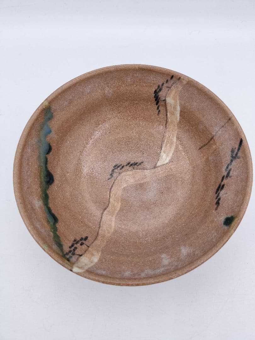 c023 平茶碗 赤織部 忍冬庵 不二窯 佐藤和子 木箱 茶道具　古物