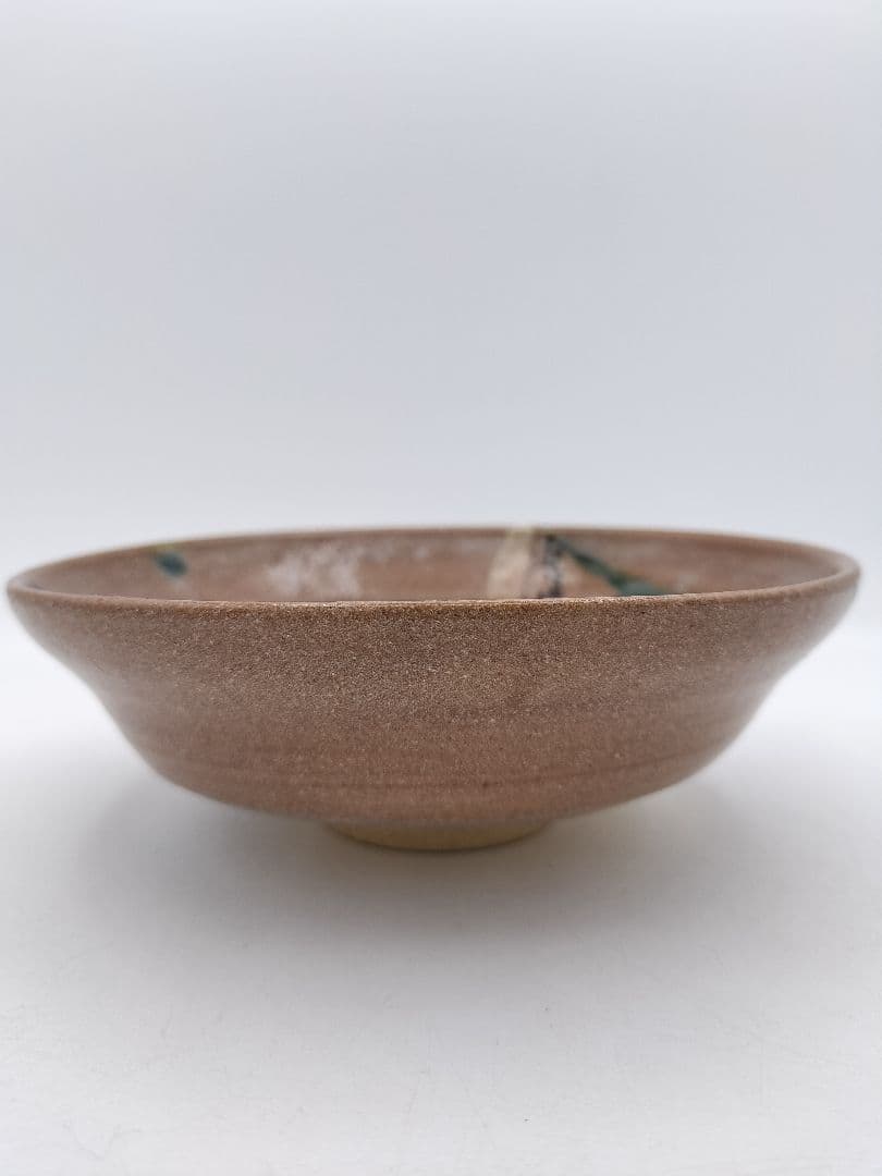 c023 平茶碗 赤織部 忍冬庵 不二窯 佐藤和子 木箱 茶道具　古物