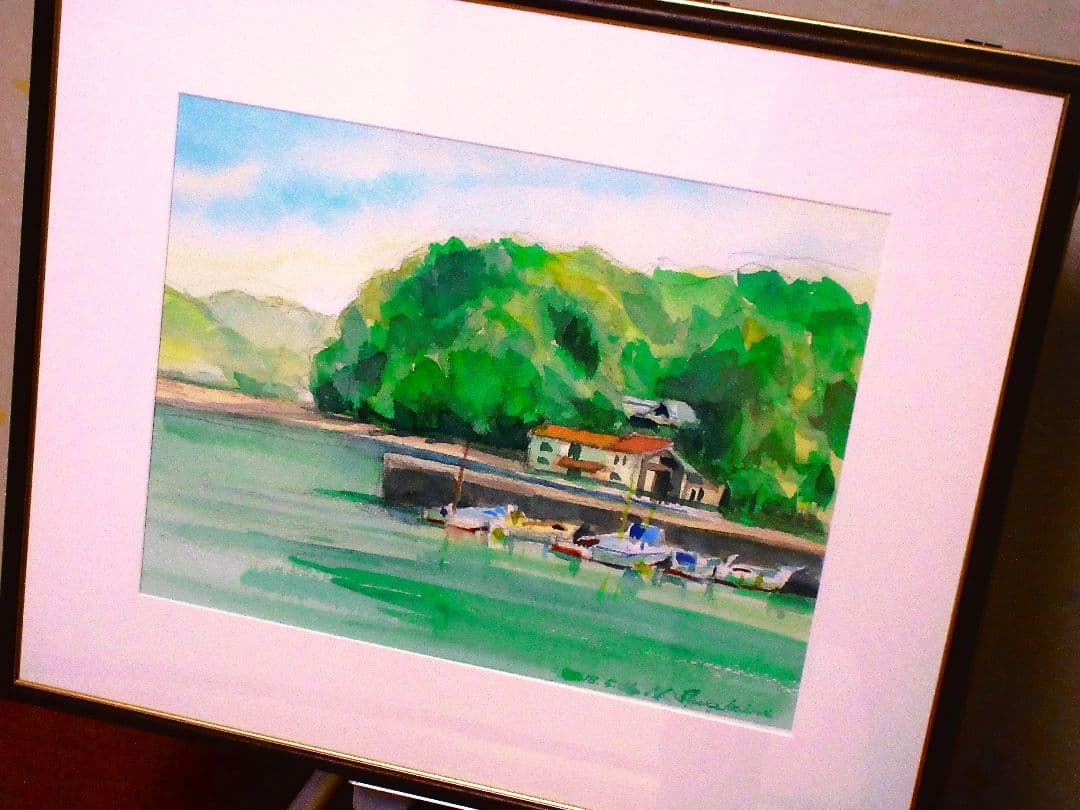 港の風景 水彩画 額装済み 原画 F6サイズ
