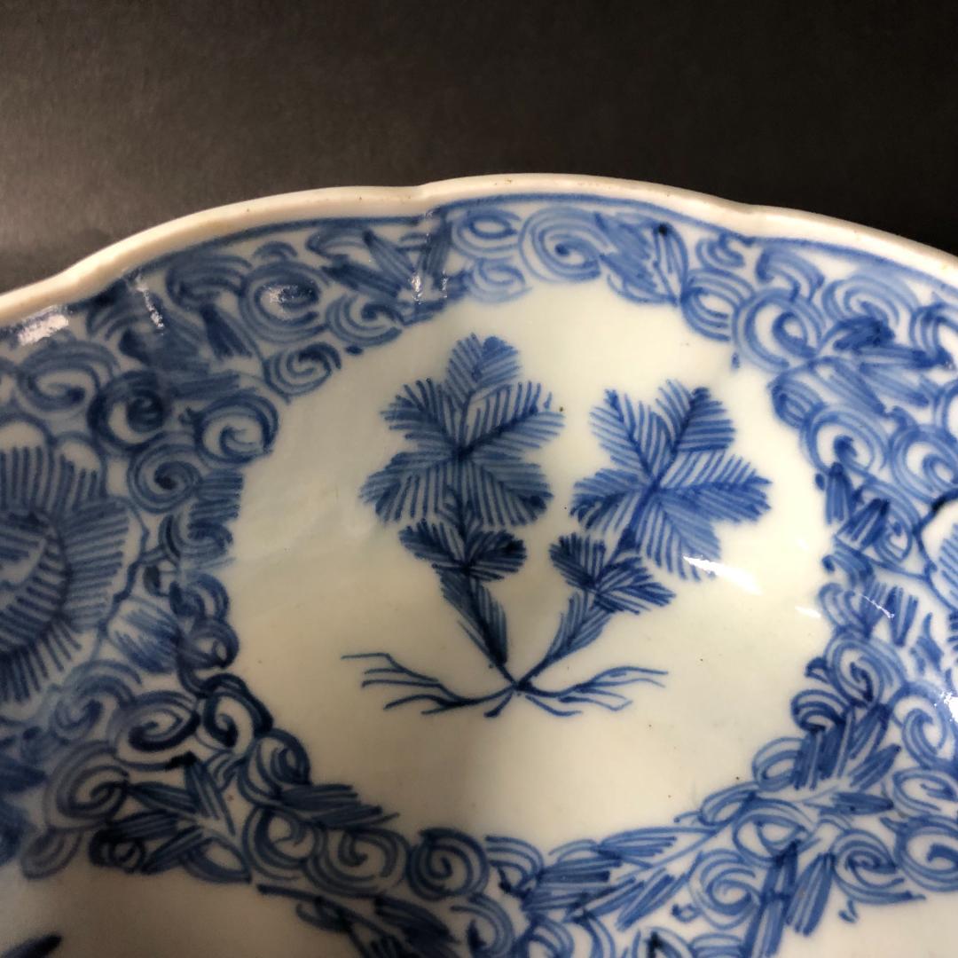 古伊万里　染付　微塵文様に丸文松竹梅文様　六寸鉢　輪花鉢　盛鉢