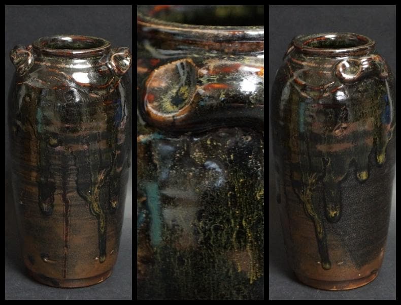 六世 六代 清水六兵衛造 釉斑 花瓶 双耳 花入 飾壺 共箱/ 花器 茶道具