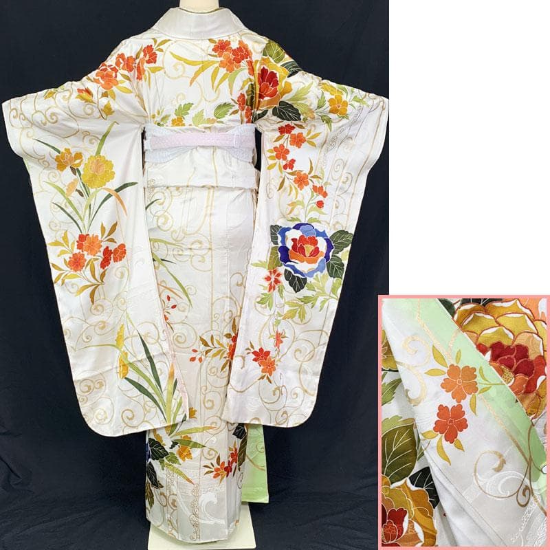 507z45☆中振袖 金駒刺繍 金彩 地紋 薔薇 唐草 ホワイト☆成人式 結婚式
