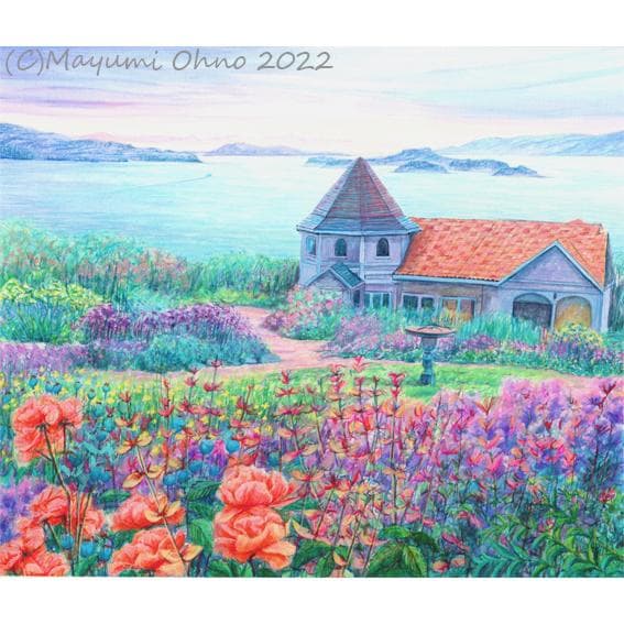 ガーデン　風景画　海　版画　アクリル画　水彩画　花　フラワー　カラフル 白　夕景