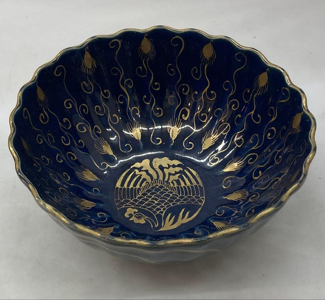 B261s 瑠璃手「鳳凰に龍」鉢　金彩絵付　十錦手　菓子鉢　骨董　茶道具