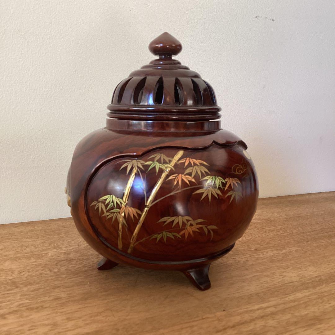 三足香炉　雲龍作　高級紫檀　蒔絵香炉　金蒔絵　山水之図　松　鶴　竹　木製木製
