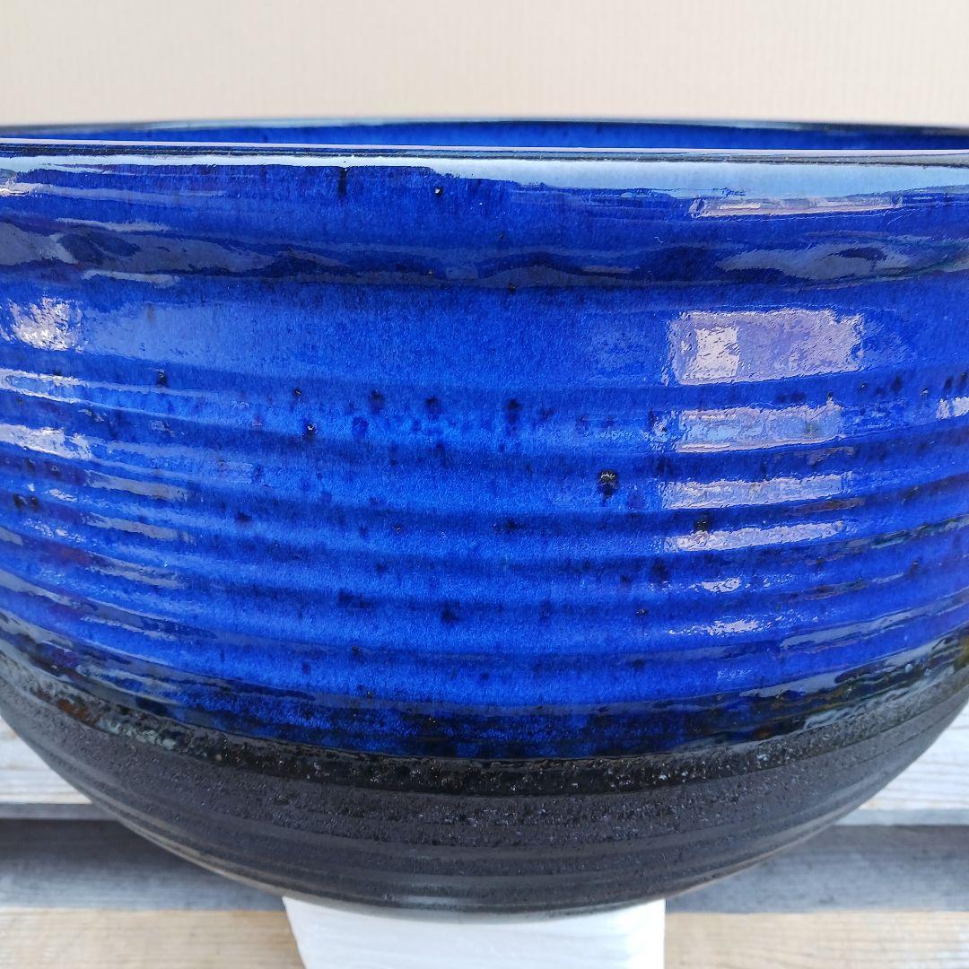 新品　∅51　特大　陶器　睡蓮鉢　手造り　メダカ鉢　難有　ラピスブルー　青LDB
